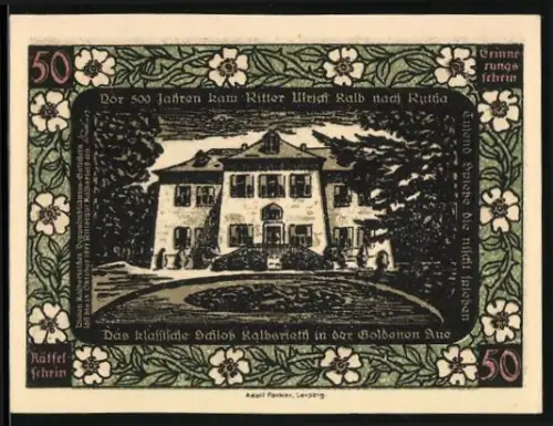 Notgeld Kalbsrieth /Thüringen 1921, 50, Schloss Kalbsrieht und Naturmotiv