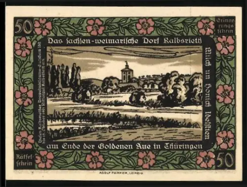 Notgeld Kalbsrieth /Thüringen, 50, Landschaft mit Kirche und Silhouette zweier Personen in Oval