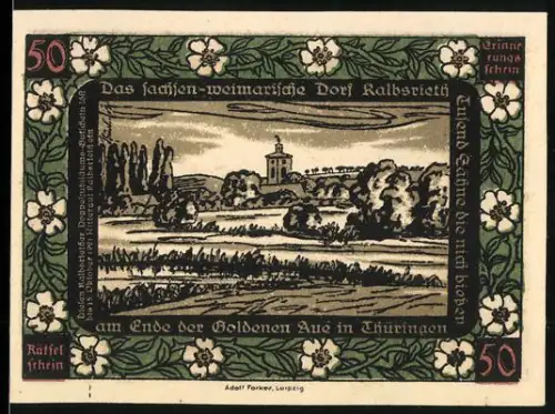 Notgeld Kalbsrieth /Thüringen, 50, Landschaft mit Kirche und Ritter-Silhouette