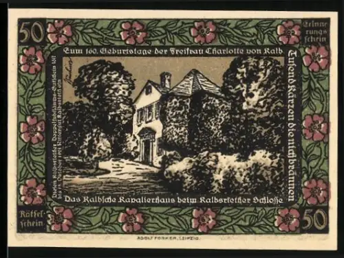Notgeld Leipzig 1921, 50 Pfennig, Kalbsches Kaplaneihaus und Silhouetten zweier Figuren
