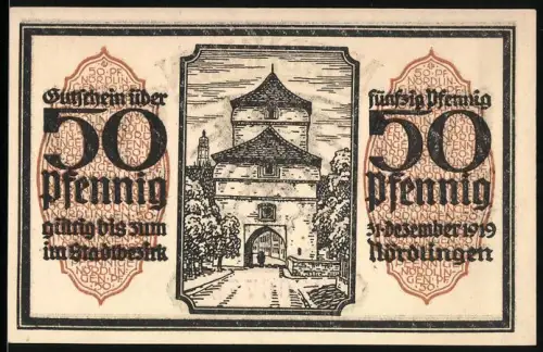 Notgeld Nördlingen 1918, 50 Pfennig, Stadttor und Wappen mit Adler