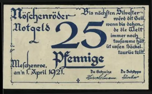 Notgeld Nöschenrode 1921, 25 Pfennig, Gedicht und Landschaft mit Kühen und Hirte