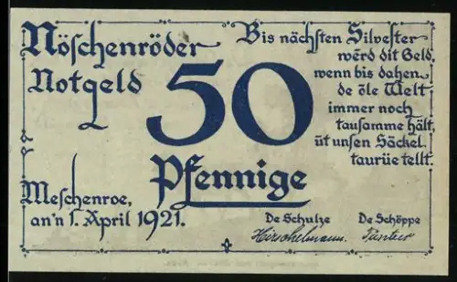 Notgeld Nöschenrode 1921, 50 Pfennig, Frau mit Holz und Ziege im Wald, Scherenschnitt von Maria Alke