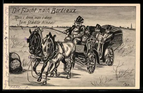 Künstler-AK Die Flucht nach Bordeaux, französischer Präsident Poincare flüchtet mit Pferdegespann aus Paris