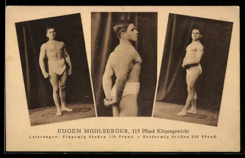 AK Eugen Mühlberger, drei Portraits des Gewichthebers