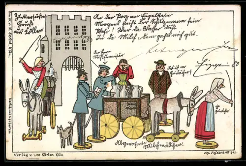 Lithographie Holzspielzeug-Figuren, Eselkarren mit Milchflaschen, Soldaten mit Hund