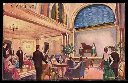 Künstler-AK Reklame Tourismus, N. Y. K. Line, Konzert in einem Salon