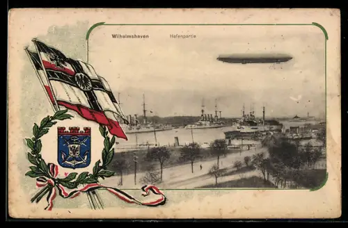AK Wilhelmshavenm Hafenpartie mit Zeppelin, Wappen