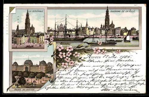 Lithographie Anvers, Panorama de la ville, La Cathédrale