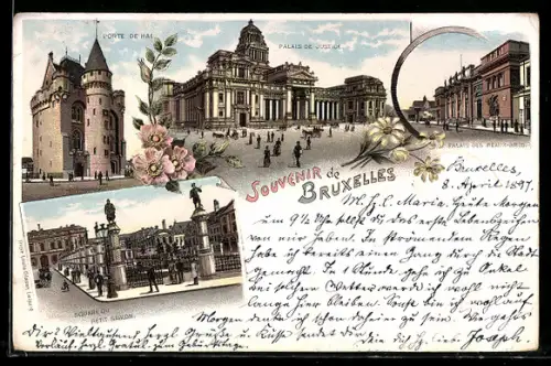 Lithographie Bruxelles, Palais de Justice, Porte de Hal, Square du Petit Sablon
