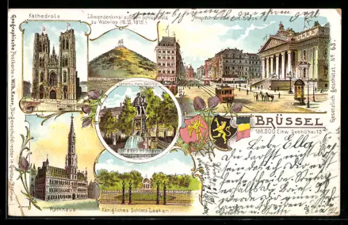 Lithographie Brüssel, Kathedrale, Rathaus, Königliches Schloss Laeken, Strassenbahn