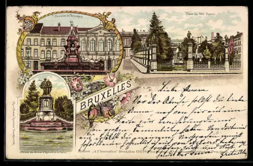 Lithographie Bruxelles, Fontaine de Brouckère, Place du Petit Sablon