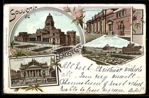 Lithographie Bruxelles, Palais de Justice, La Bourse, Jardin Boutanique