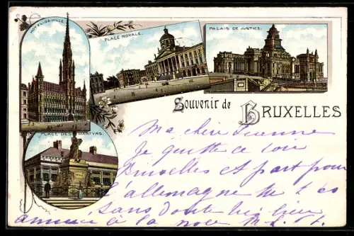Lithographie Bruxelles, Hôtel-de-Ville, Place Royale, Palais de Justice, Place des Martyrs