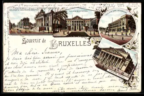 Lithographie Bruxelles, Palais de la Nation et Théâtre Royal