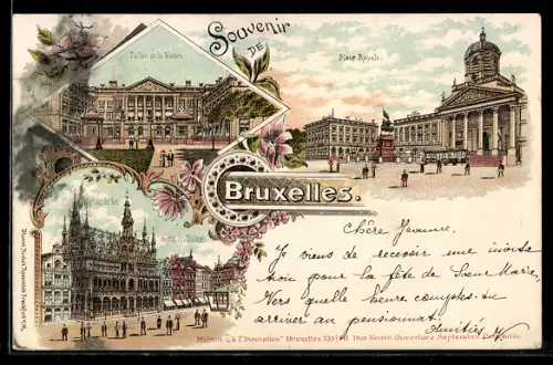 Lithographie Bruxelles, Palais de la Nation, Place Royale