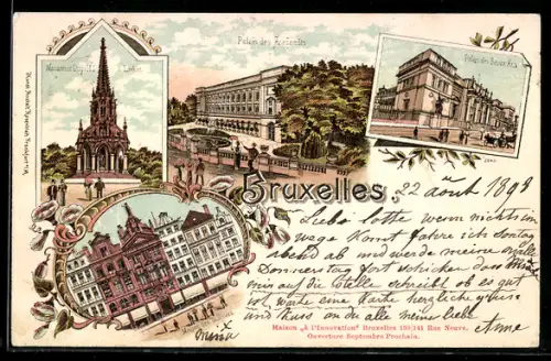 Lithographie Bruxelles, Palais des Academies, Maison des Tailleurs, Palais des Beaux Arts