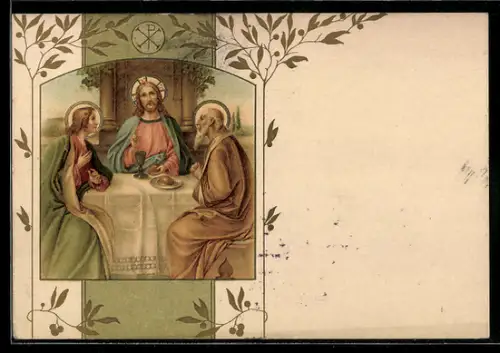AK Jesus mit Maria u. Joseph bei Brot und Wein