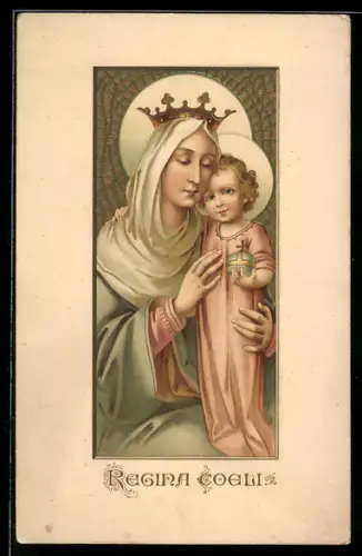 AK Regina Coeli, Maria mit Krone, Jesus mit Reichsapfel