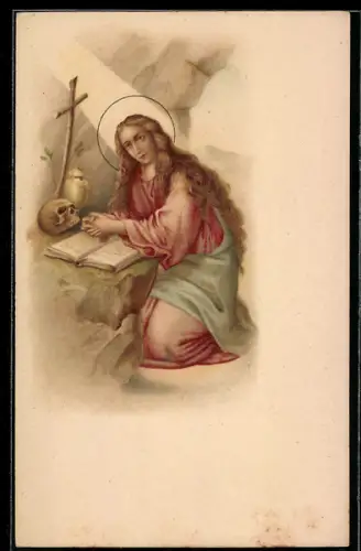 AK Maria beim Gebet, Kreuz, Totenschädel