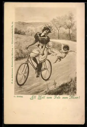 Künstler-AK All Heil vom Fels zum Meer, Englein und Radfahrerin