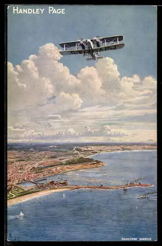 AK Handley Page Doppeldecker-Flugzeug im Fluge über dem Hafen von Folkestone