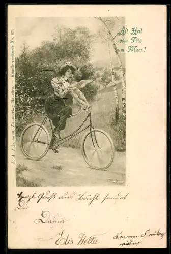 AK Junge Frau mit Amor in Fahrt auf ihrem Fahrrad