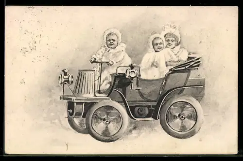 AK Auto mit kleinem Kind am Steuer und zwei Mädchen im Fond