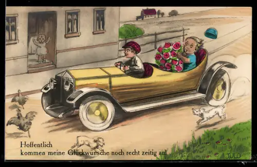 AK Junge mit Mädchen auf Fahrt im schnellen Auto