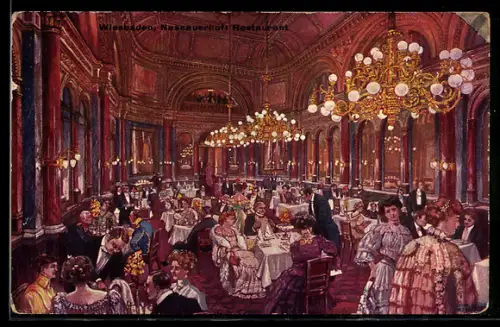 Künstler-AK Wiesbaden, Hotel Nassauerhof, Restaurant mit Gästen