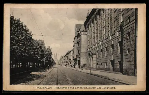 AK Wiesbaden, Rheinstrasse mit Landesbibliothek und Ringkirche