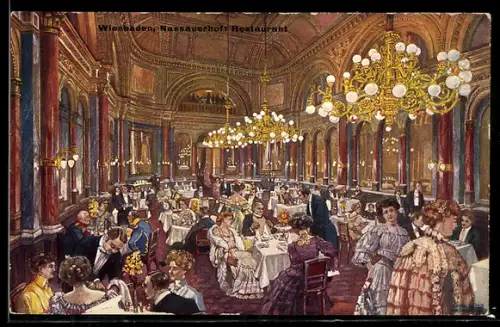 Künstler-AK Wiesbaden, Hotel Nassauerhof, Restaurant