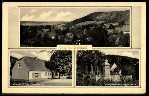 AK Steinbach / Bad Bibra, Gaststätte, Kriegerdenkmal 1914/18, Ortsansicht