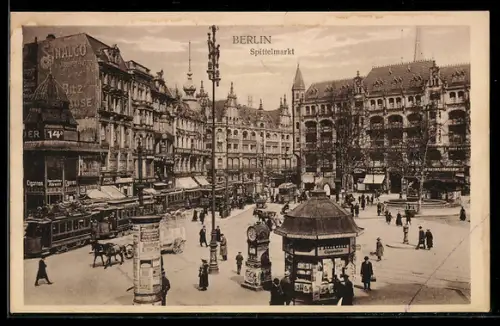 AK Berlin, Spittelmarkt, Strassenbahn, Wettersäule, Kiosk, Geschäftshäuser