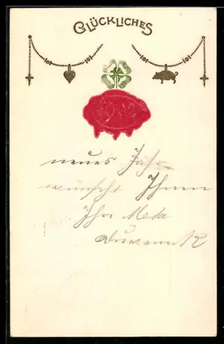 AK Jahreszahl 1902 als Wachssiegel, Kleeblatt und Glücksschwein