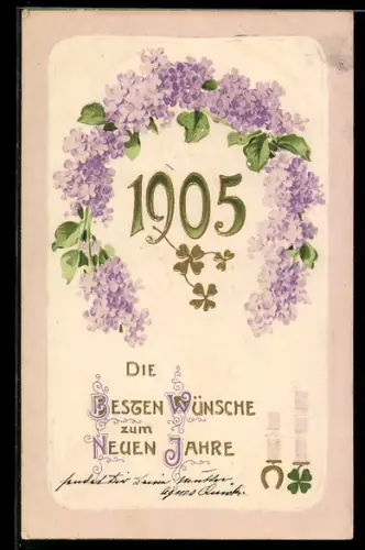 AK Jahreszahl 1905 in goldenen Lettern mit Flieder und Klee