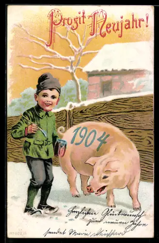 AK Jahreszahl 1904, Bube bemalt Glücksschwein im Winter, Prosit Neujahr