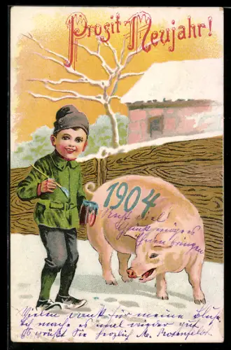 AK Jahreszahl 1904, Bube bemalt Glücksschwein im Winter, Prosit Neujahr