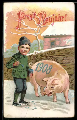 AK Jahreszahl 1908, Bube bemalt Glücksschwein im Winter, Prosit Neujahr