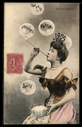AK Hübsche Frau mit Jahreszahl 1905 und Seifenblasen