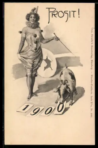 AK Hübsche Pierrette mit einem Glücksschwein und der Jahreszahl 1900