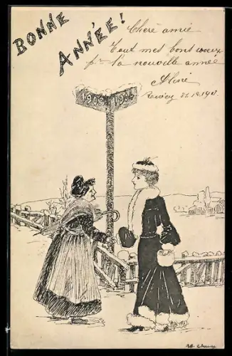 AK Zwei Damen begegnen sich an einem Strassenschild mit den Jahreszahlen 1903 und 1904