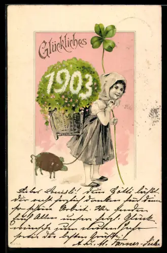 Künstler-AK Neujahrsgruss, Mädchen mit vierblättrigen Kleeblatt und Glücksschwein, Jahreszahl 1903