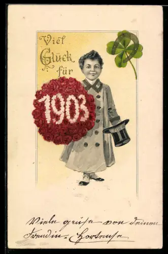 AK Kleiner Rosenkavalier mit der Jahreszahl 1903 im Blumenstrauss