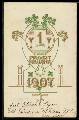 AK Goldene Jahreszahl 1907 mit Kalender und Kleeblättern