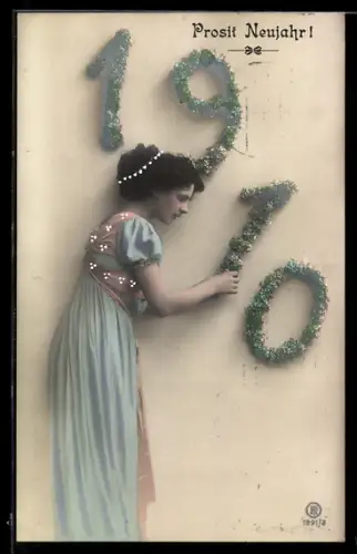 AK Frau mit Jahreszahl 1910 aus Blumen