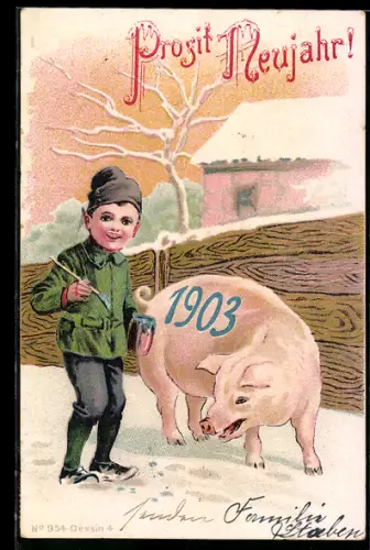 AK Junge malt Jahreszahl auf ein Schwein, Neujahrsgruss 1903
