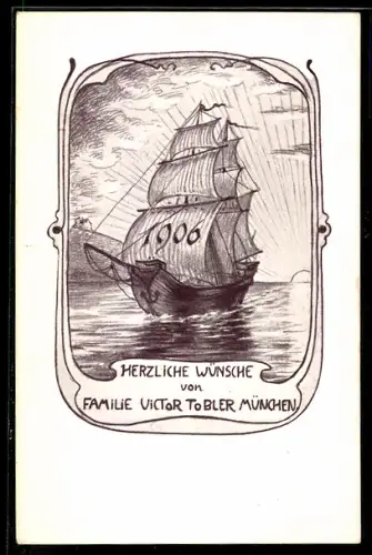 AK Segelschiff mit der Jahreszahl 1906 auf den Segeln