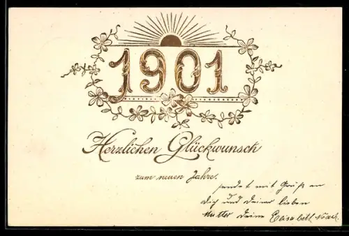 AK Jahreszahl 1901 mit Blumen geschmückt und unter einer aufgehenden Sonne