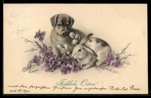 Künstler-AK M. Munk Nr. 520: Hund und Osterhase, Ostergruss